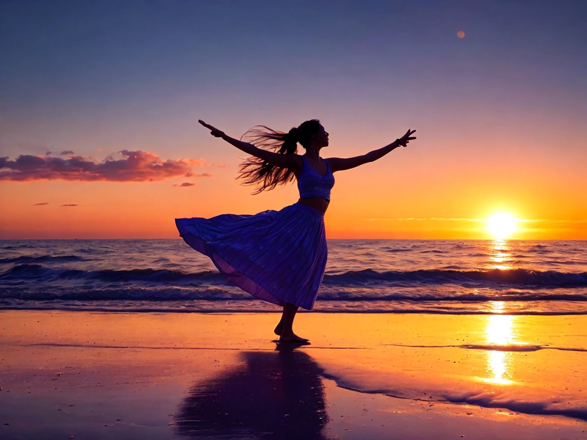 Woman dancing on a beach at sunset